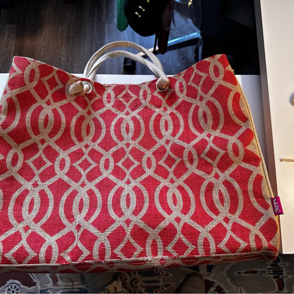Stylish Berry and Cream Jute Tote Bag